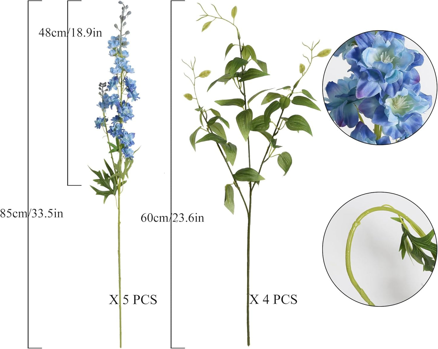 White Flowers Artificial Delphinium 9PCS with Clematis Greenery for Wedding & Home Decor