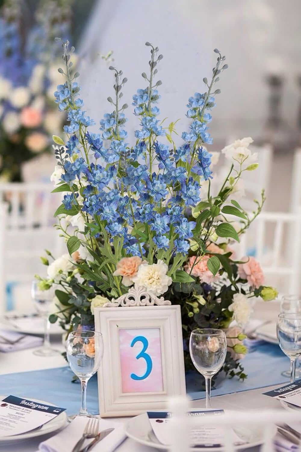 White Flowers Artificial Delphinium 9PCS with Clematis Greenery for Wedding & Home Decor