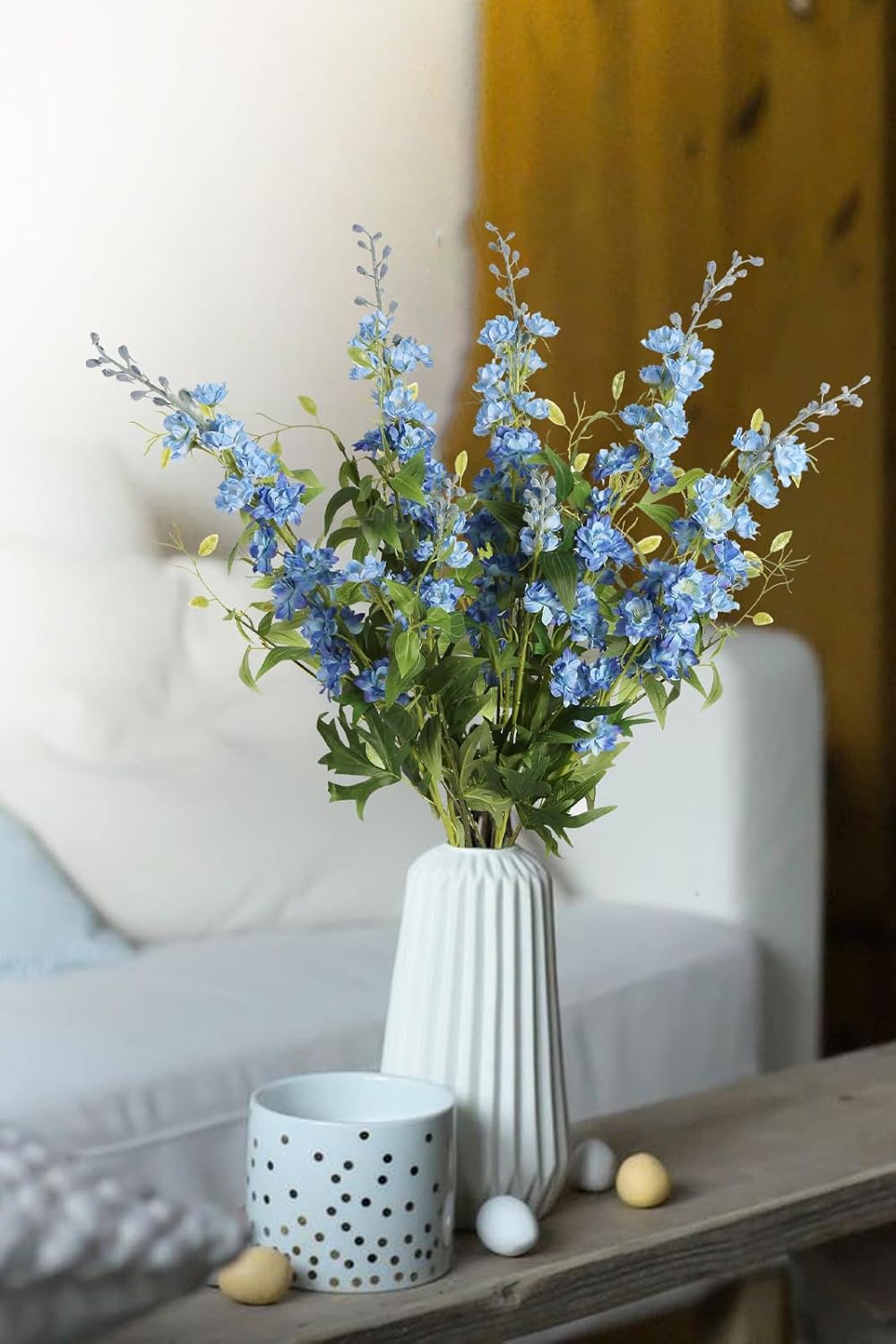 White Flowers Artificial Delphinium 9PCS with Clematis Greenery for Wedding & Home Decor