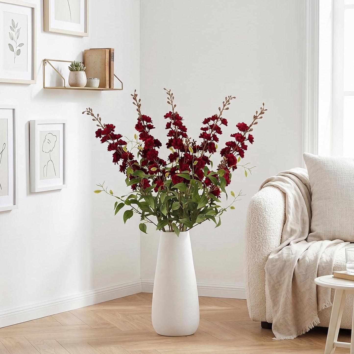 White Flowers Artificial Delphinium 9PCS with Clematis Greenery for Wedding & Home Decor