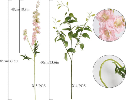 White Flowers Artificial Delphinium 9PCS with Clematis Greenery for Wedding & Home Decor