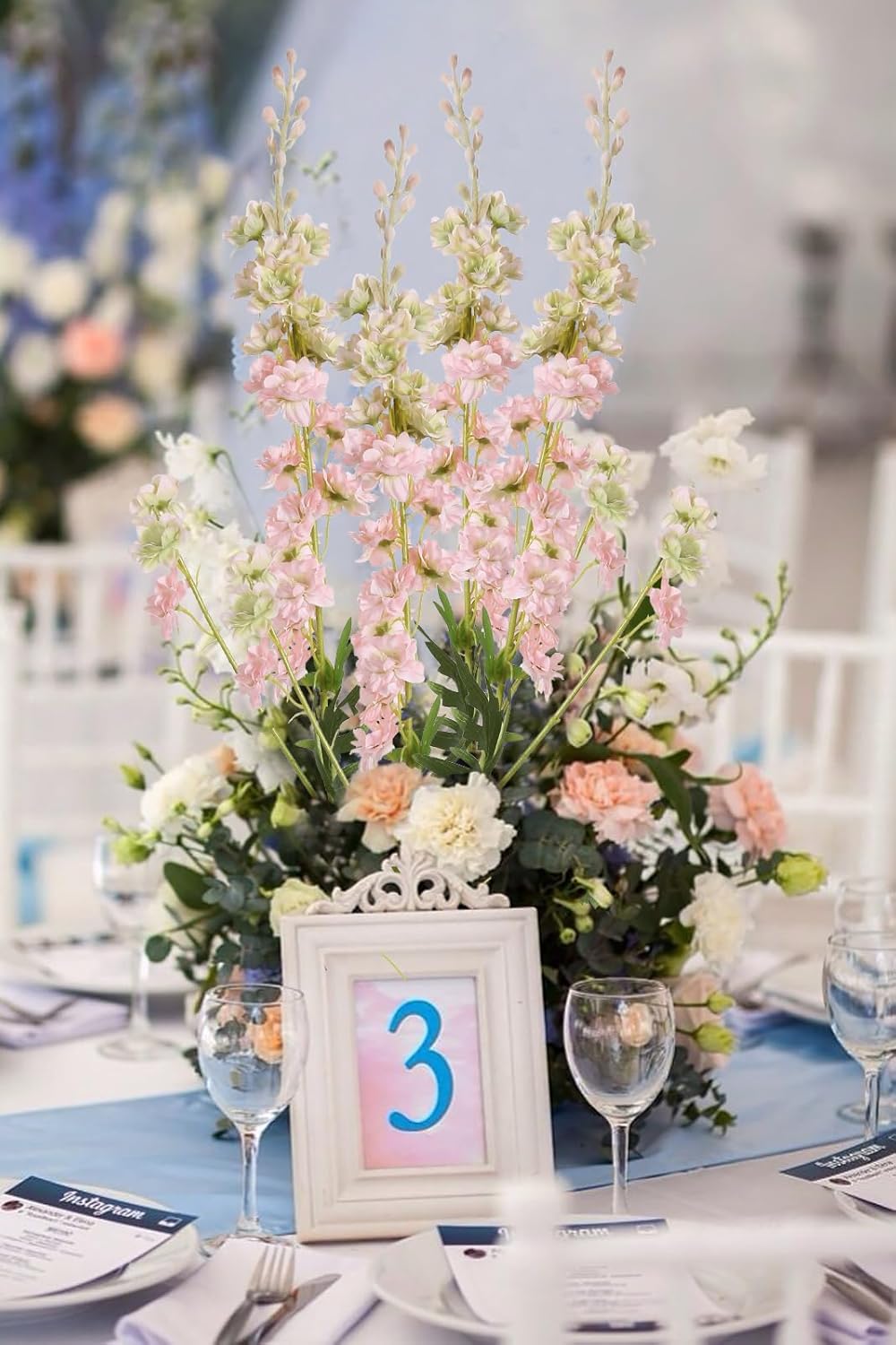 White Flowers Artificial Delphinium 9PCS with Clematis Greenery for Wedding & Home Decor