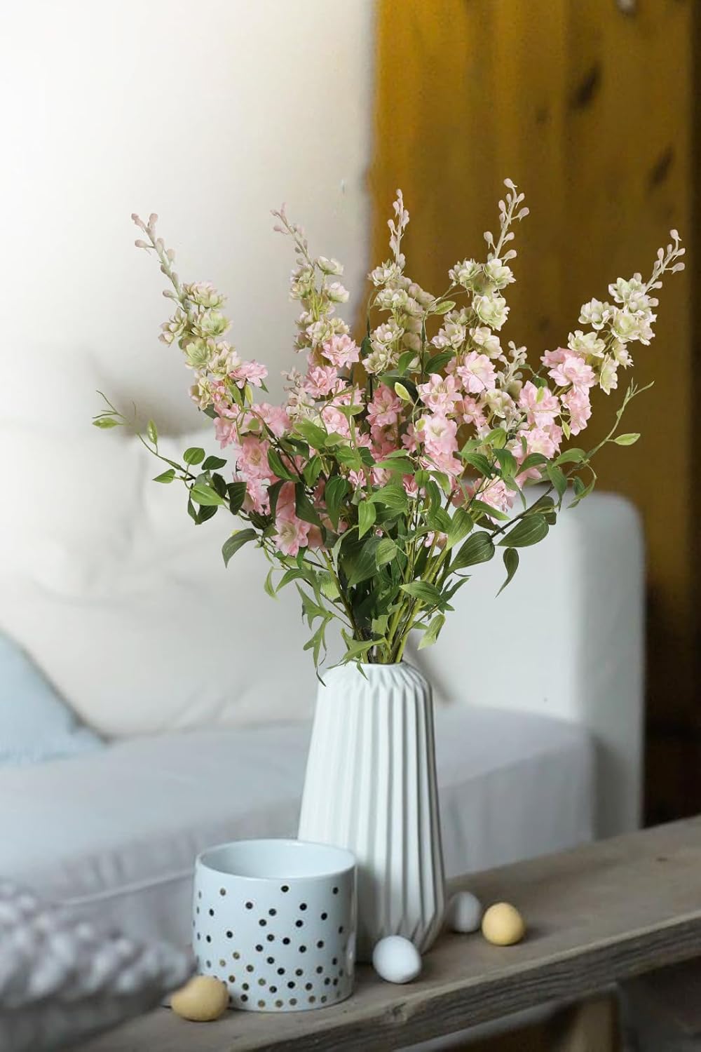 White Flowers Artificial Delphinium 9PCS with Clematis Greenery for Wedding & Home Decor