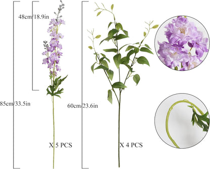 White Flowers Artificial Delphinium 9PCS with Clematis Greenery for Wedding & Home Decor