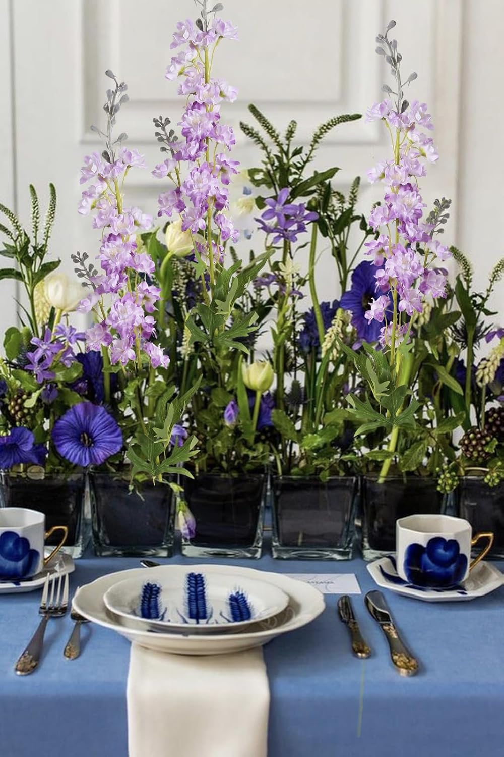 White Flowers Artificial Delphinium 9PCS with Clematis Greenery for Wedding & Home Decor
