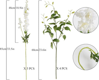 White Flowers Artificial Delphinium 9PCS with Clematis Greenery for Wedding & Home Decor