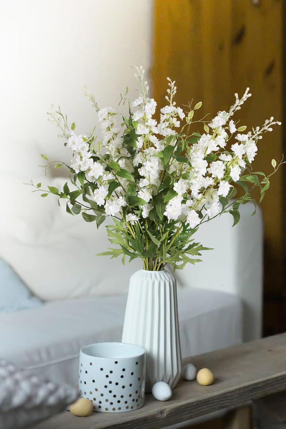 White Flowers Artificial Delphinium 9PCS with Clematis Greenery for Wedding & Home Decor