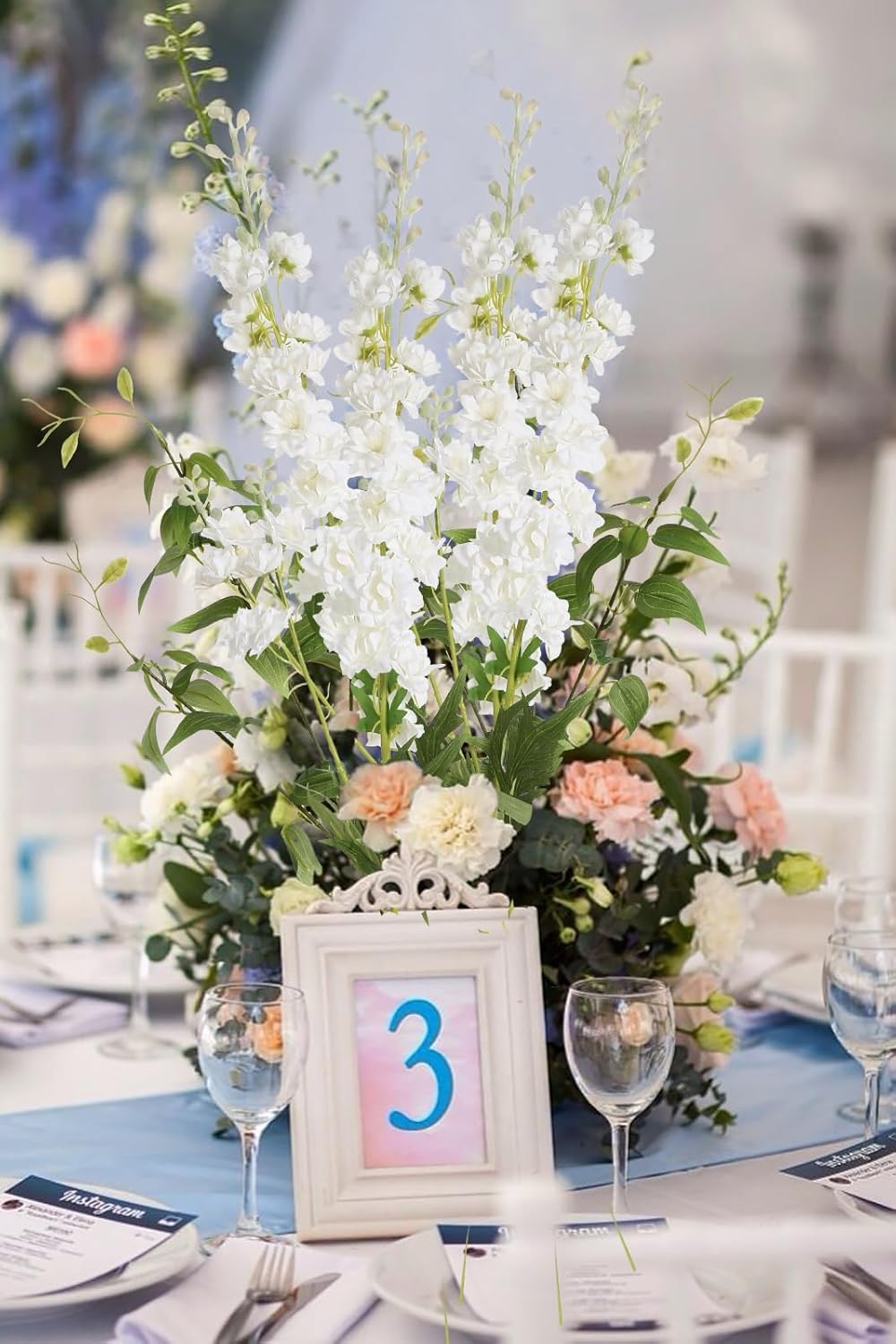 White Flowers Artificial Delphinium 9PCS with Clematis Greenery for Wedding & Home Decor
