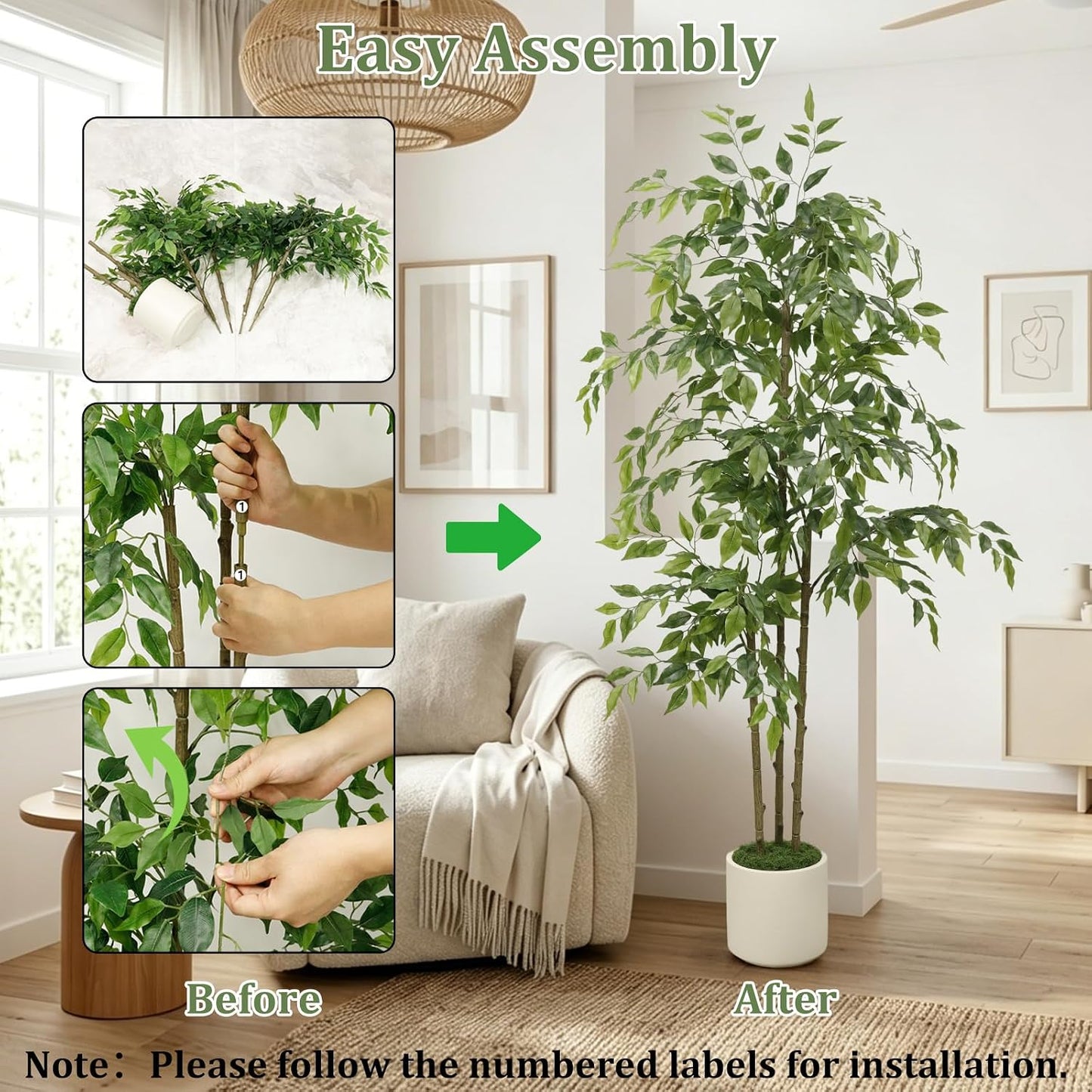 5ft Artificial Ficus Tree with Triple Trunk & White Planter Faux Ficus Tree | Lifelike Faux Ficus Tree with Natural Wood Trunks, Tall Fake Potted Plant for Indoor Living Room Home Office Corner Decor