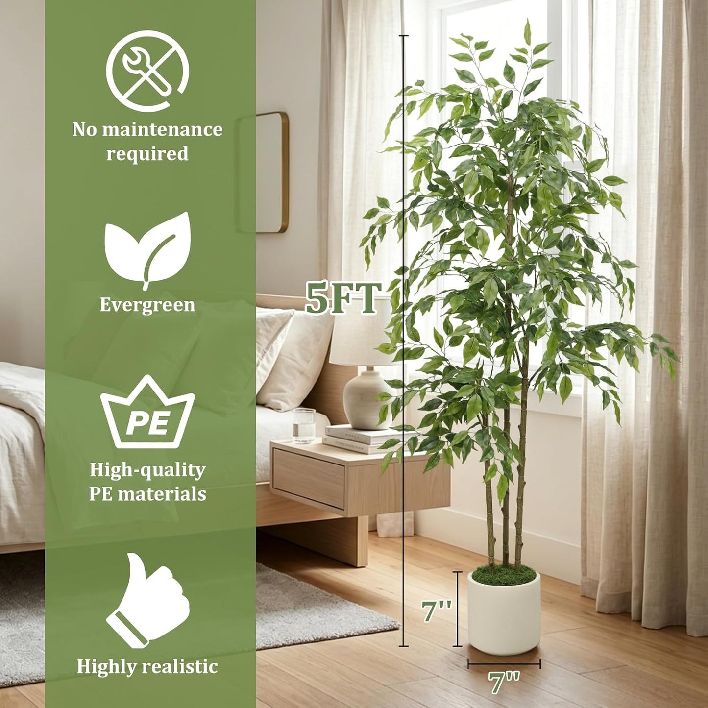 5ft Artificial Ficus Tree with Triple Trunk & White Planter Faux Ficus Tree | Lifelike Faux Ficus Tree with Natural Wood Trunks, Tall Fake Potted Plant for Indoor Living Room Home Office Corner Decor