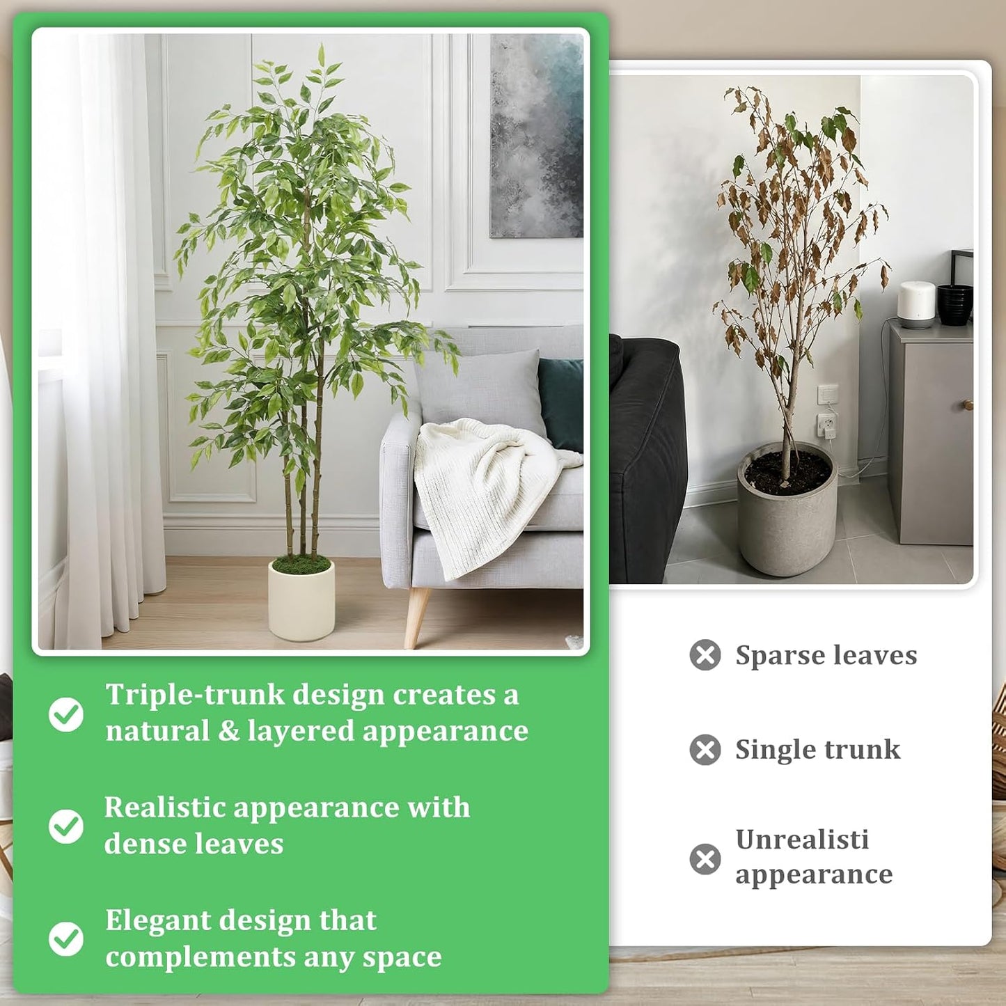 5ft Artificial Ficus Tree with Triple Trunk & White Planter Faux Ficus Tree | Lifelike Faux Ficus Tree with Natural Wood Trunks, Tall Fake Potted Plant for Indoor Living Room Home Office Corner Decor