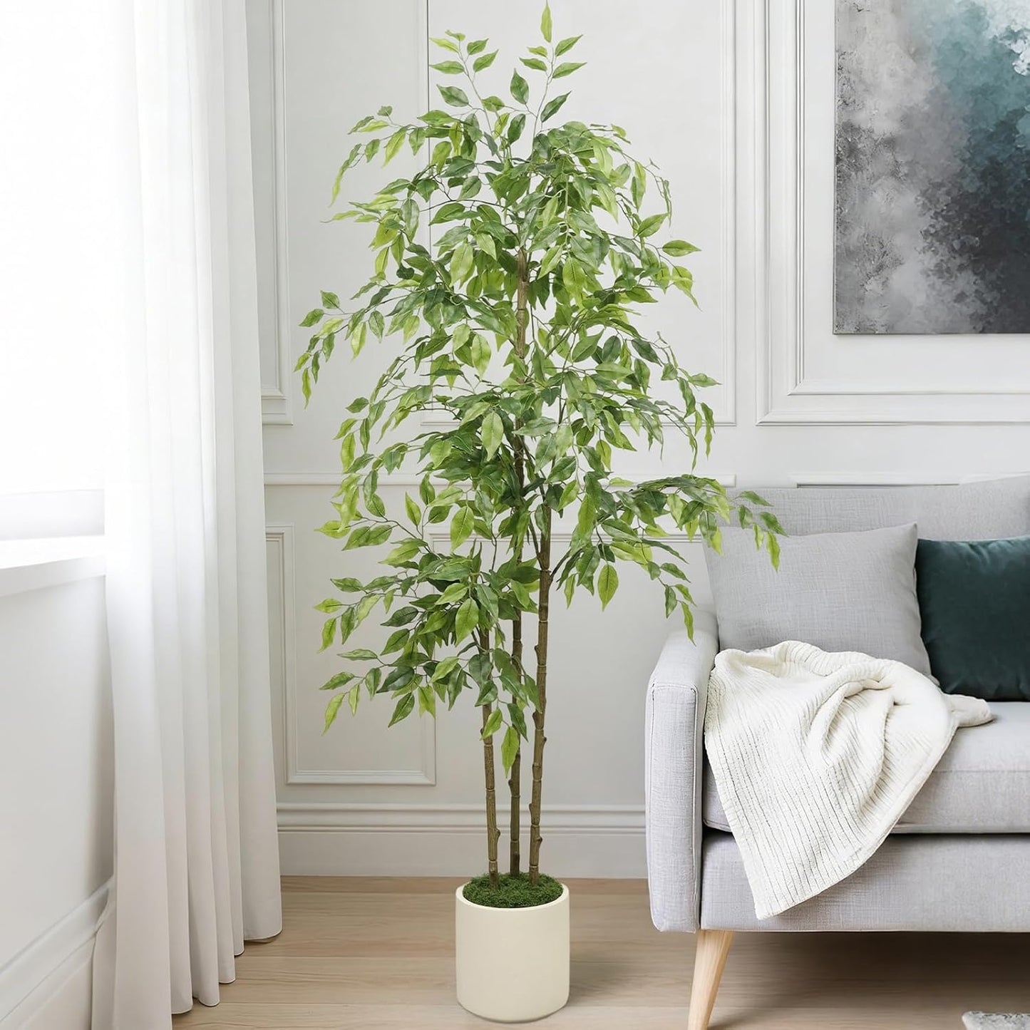 5ft Artificial Ficus Tree with Triple Trunk & White Planter Faux Ficus Tree | Lifelike Faux Ficus Tree with Natural Wood Trunks, Tall Fake Potted Plant for Indoor Living Room Home Office Corner Decor