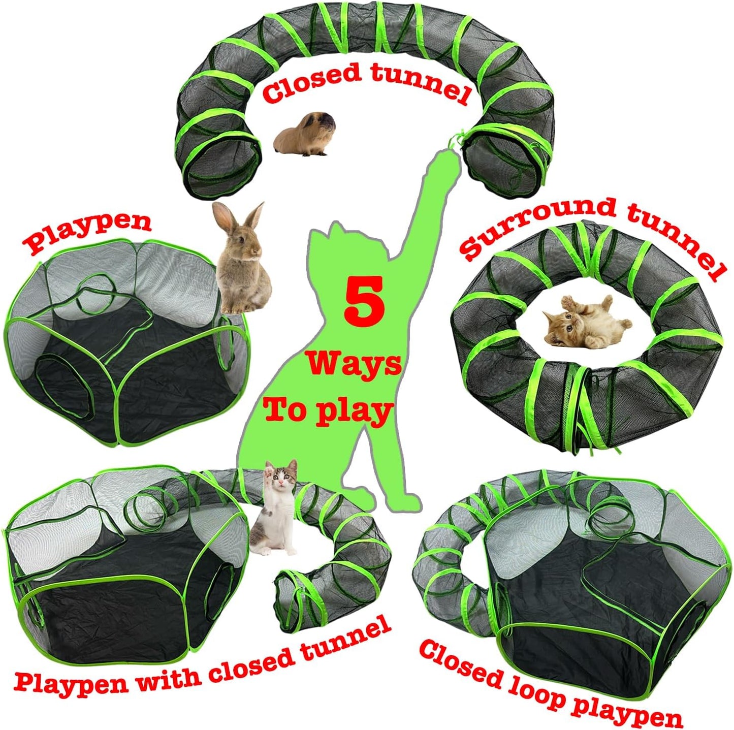 Small Animal Playpen Guinea Pig Hedgehog Cage Rabbit Cage with Fun Surround Tunnel Breathable & Transparent Pop Open Exercise Yard Fence with Top Cover Anti Escape