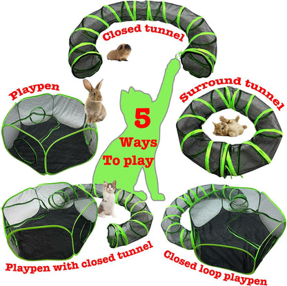 Small Animal Playpen Guinea Pig Hedgehog Cage Rabbit Cage with Fun Surround Tunnel Breathable & Transparent Pop Open Exercise Yard Fence with Top Cover Anti Escape