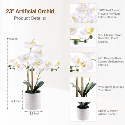 Fake Orchid Plant 23" Tall, Realistic Touch Leaves, Potted Phalaenopsis Artificial Plants Indoor for Home Decor Small Office Home Living Room-Dark Pink