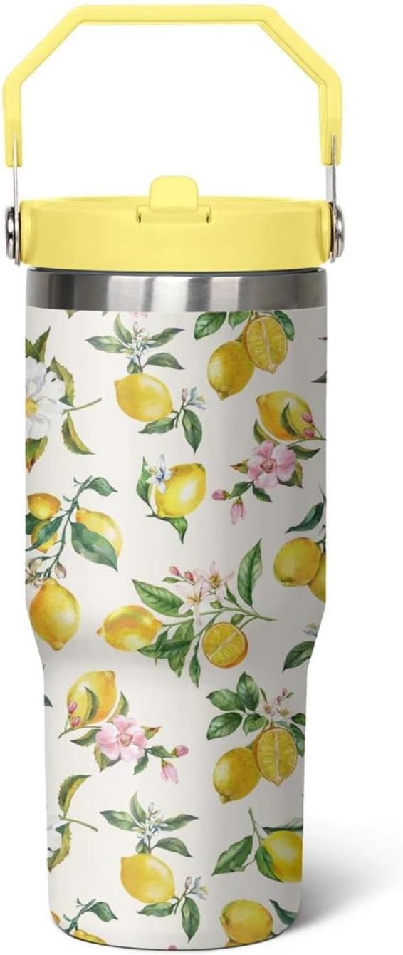 30 oz Lemon Flip Tumbler with lid and Straw, Lemon Gifts for Women, Coffee Travel Mug Cup Water Bottle
