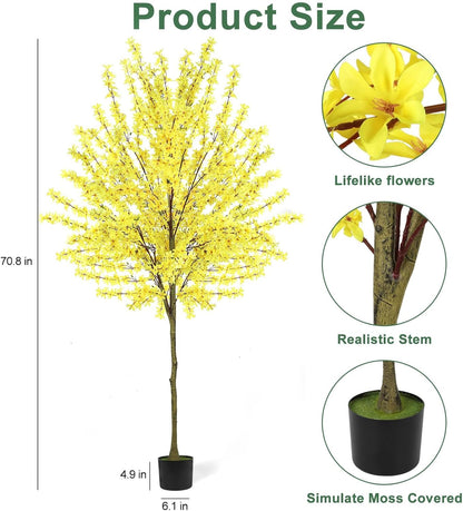 6Ft Tall Artificial Forsythia Tree, Fake Tree Faux Silk Plant with Plastic Nursery Pot,Artificial Plants for Home Office Indoor Decor(Yellow)