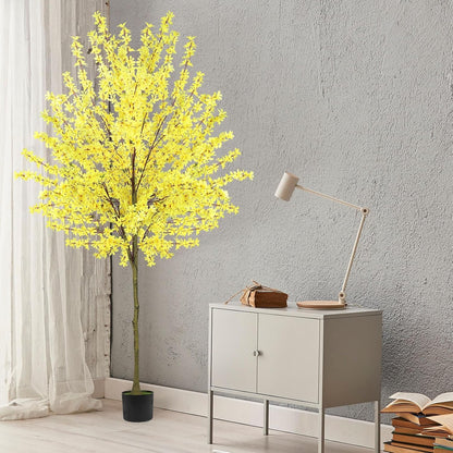 6Ft Tall Artificial Forsythia Tree, Fake Tree Faux Silk Plant with Plastic Nursery Pot,Artificial Plants for Home Office Indoor Decor(Yellow)