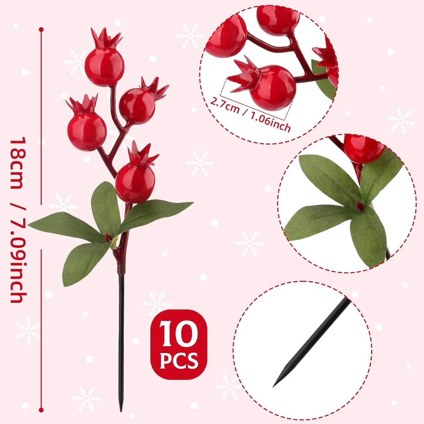 10pcs Artificial Red Pomegranate Berries Stems Branches Faux Fake Fruit Berry Picks for Home Floral Arrangements Christmas Valenintes Wreath Decorations- 7inch