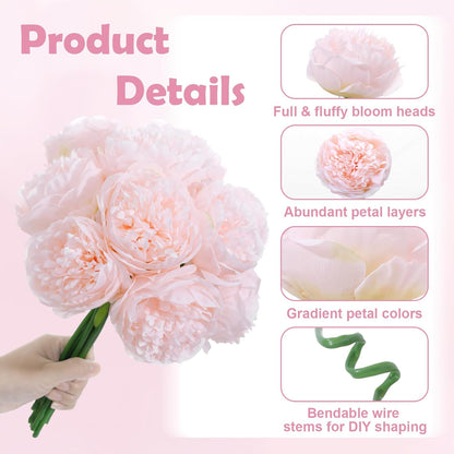 10PCS Pink Realistic Silk Peonies Bouquet, Waterproof & UV Resistant Faux Peony Flowers, All-Weather Artificial Stems for Outdoor, Grave, Wedding Centerpiece & Home Decor