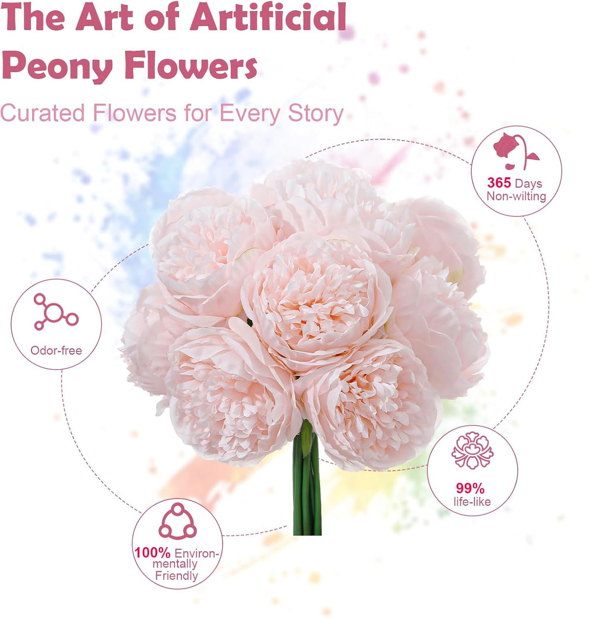 10PCS Pink Realistic Silk Peonies Bouquet, Waterproof & UV Resistant Faux Peony Flowers, All-Weather Artificial Stems for Outdoor, Grave, Wedding Centerpiece & Home Decor