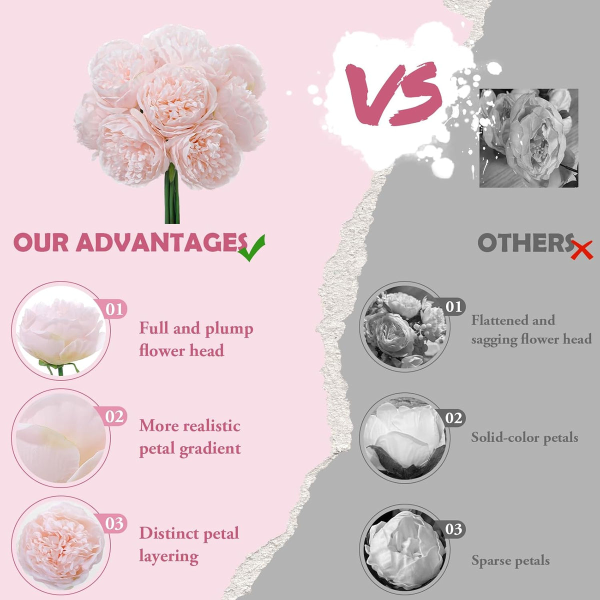 10PCS Pink Realistic Silk Peonies Bouquet, Waterproof & UV Resistant Faux Peony Flowers, All-Weather Artificial Stems for Outdoor, Grave, Wedding Centerpiece & Home Decor