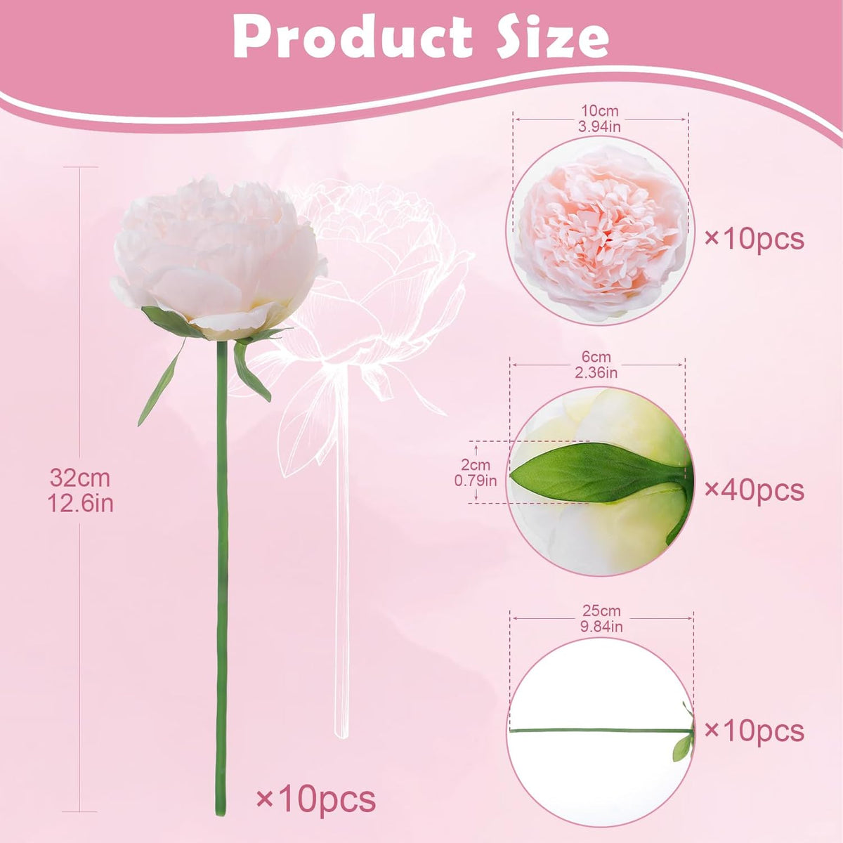 10PCS Pink Realistic Silk Peonies Bouquet, Waterproof & UV Resistant Faux Peony Flowers, All-Weather Artificial Stems for Outdoor, Grave, Wedding Centerpiece & Home Decor