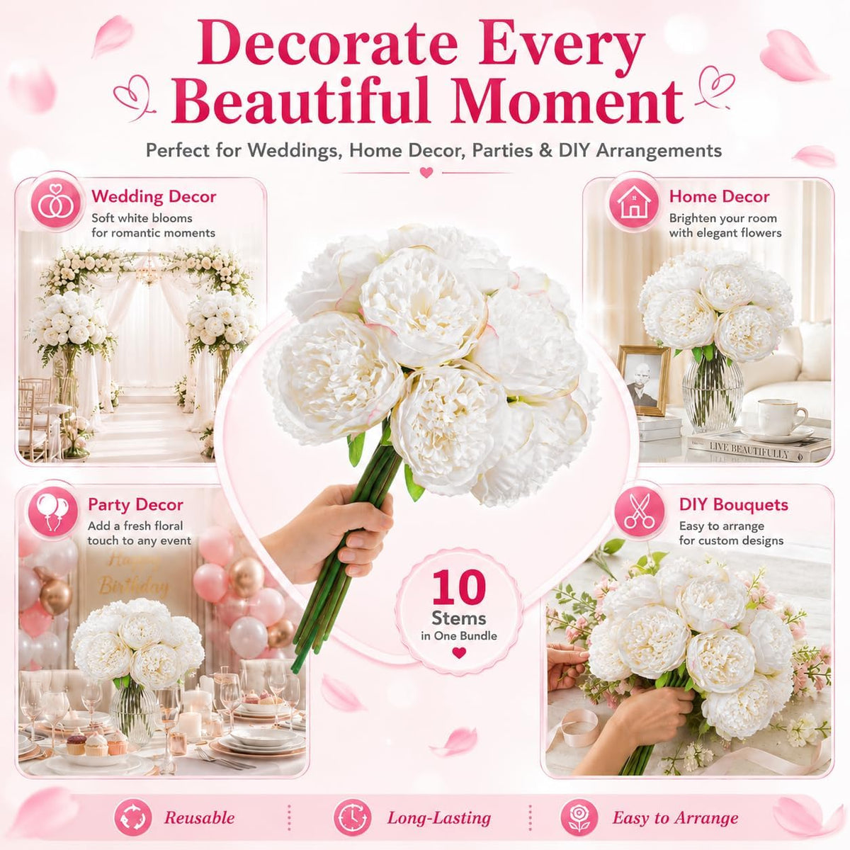 10PCS Pink Realistic Silk Peonies Bouquet, Waterproof & UV Resistant Faux Peony Flowers, All-Weather Artificial Stems for Outdoor, Grave, Wedding Centerpiece & Home Decor