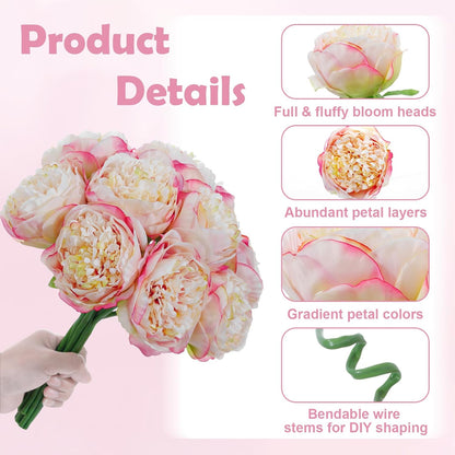 10PCS Pink Realistic Silk Peonies Bouquet, Waterproof & UV Resistant Faux Peony Flowers, All-Weather Artificial Stems for Outdoor, Grave, Wedding Centerpiece & Home Decor