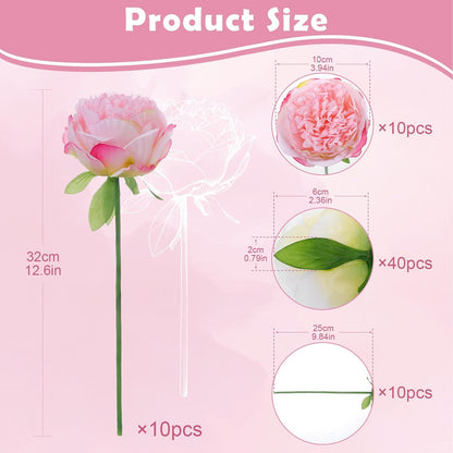 10PCS Pink Realistic Silk Peonies Bouquet, Waterproof & UV Resistant Faux Peony Flowers, All-Weather Artificial Stems for Outdoor, Grave, Wedding Centerpiece & Home Decor