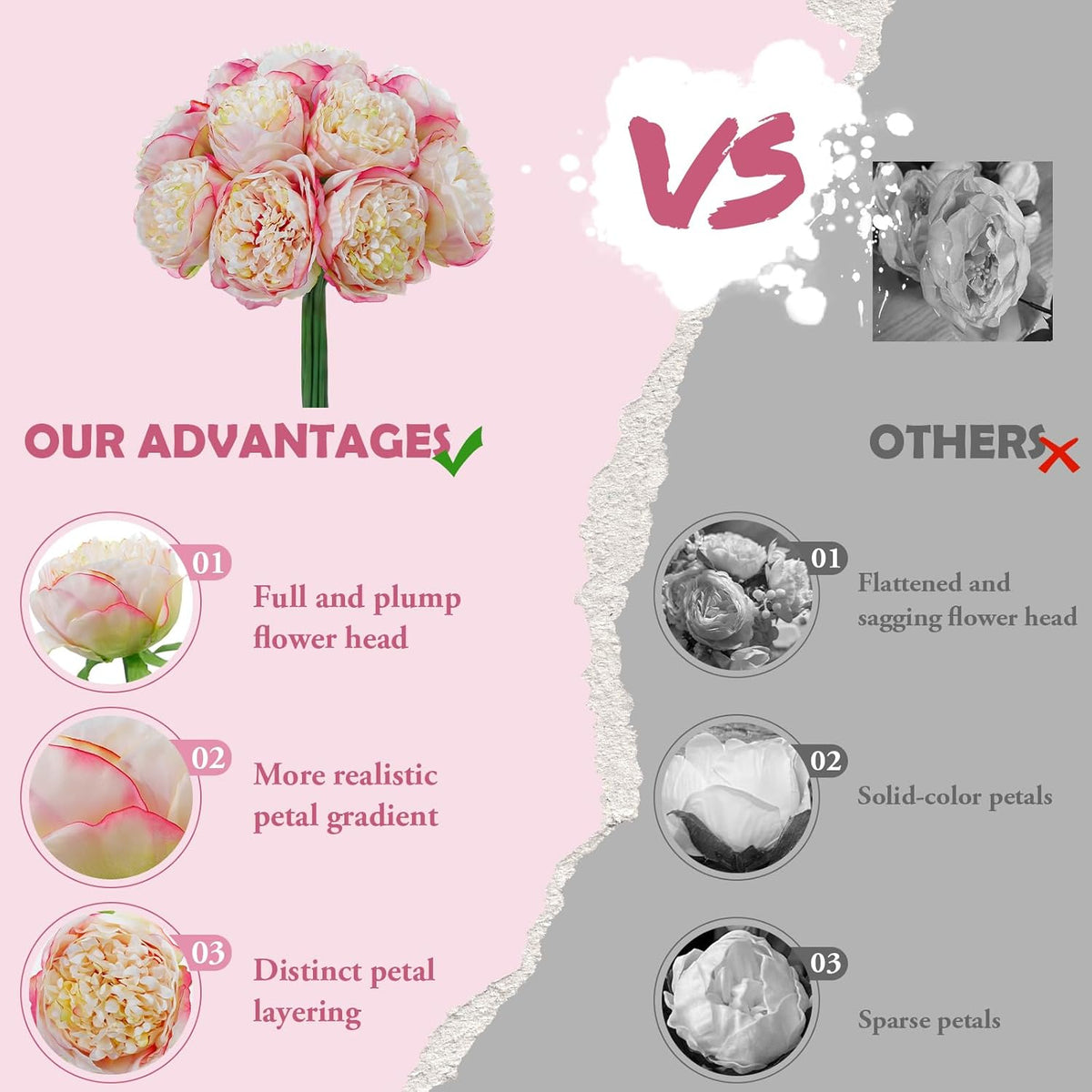 10PCS Pink Realistic Silk Peonies Bouquet, Waterproof & UV Resistant Faux Peony Flowers, All-Weather Artificial Stems for Outdoor, Grave, Wedding Centerpiece & Home Decor