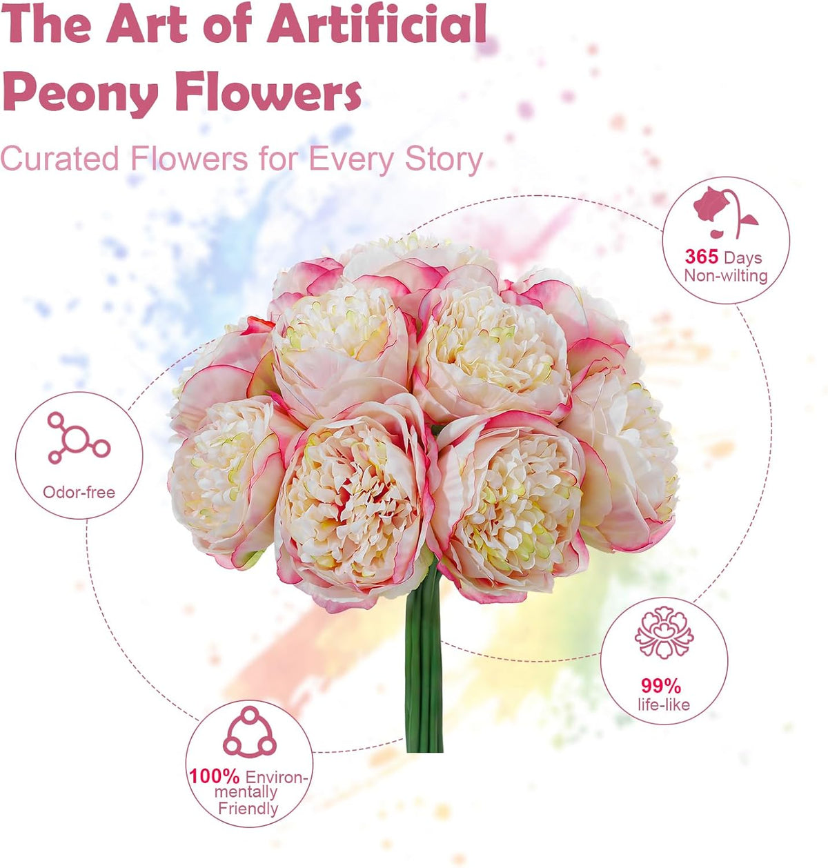 10PCS Pink Realistic Silk Peonies Bouquet, Waterproof & UV Resistant Faux Peony Flowers, All-Weather Artificial Stems for Outdoor, Grave, Wedding Centerpiece & Home Decor