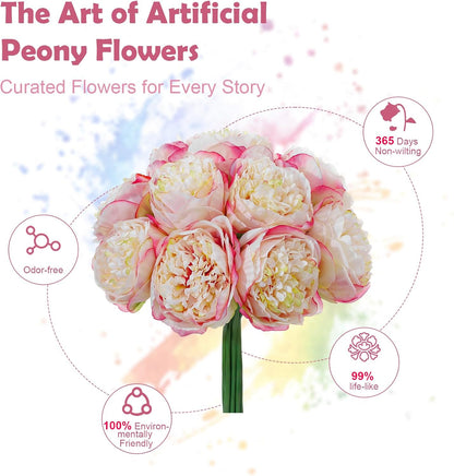10PCS Pink Realistic Silk Peonies Bouquet, Waterproof & UV Resistant Faux Peony Flowers, All-Weather Artificial Stems for Outdoor, Grave, Wedding Centerpiece & Home Decor