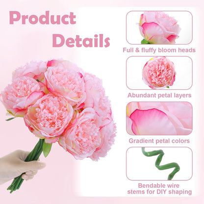 10PCS Pink Realistic Silk Peonies Bouquet, Waterproof & UV Resistant Faux Peony Flowers, All-Weather Artificial Stems for Outdoor, Grave, Wedding Centerpiece & Home Decor