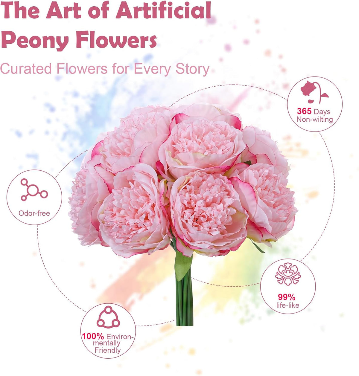 10PCS Pink Realistic Silk Peonies Bouquet, Waterproof & UV Resistant Faux Peony Flowers, All-Weather Artificial Stems for Outdoor, Grave, Wedding Centerpiece & Home Decor