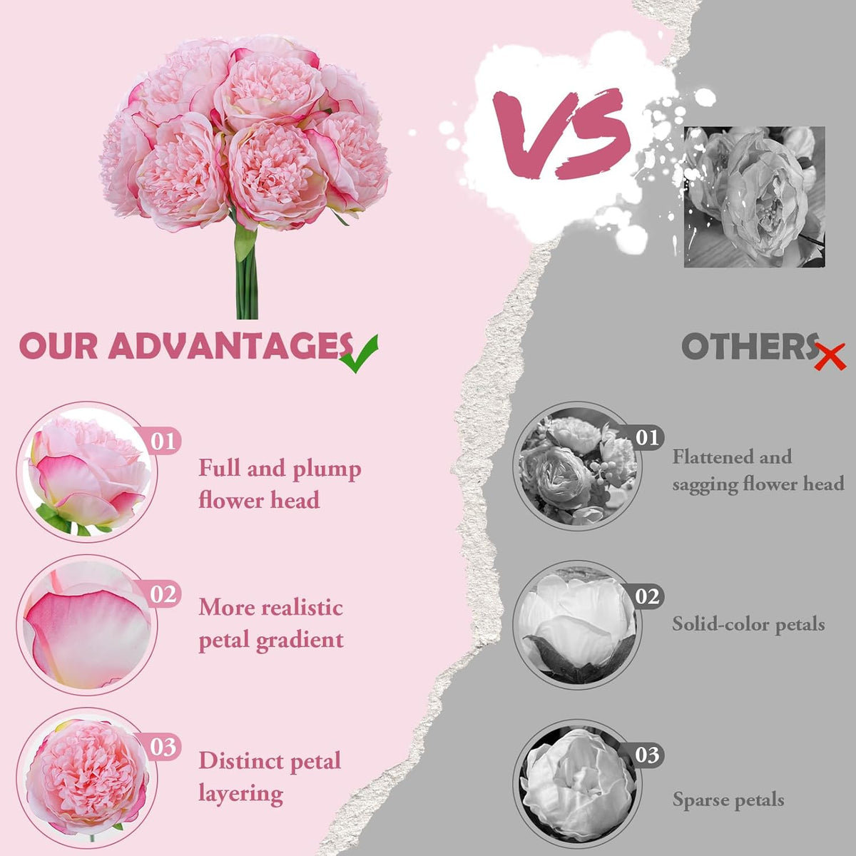 10PCS Pink Realistic Silk Peonies Bouquet, Waterproof & UV Resistant Faux Peony Flowers, All-Weather Artificial Stems for Outdoor, Grave, Wedding Centerpiece & Home Decor