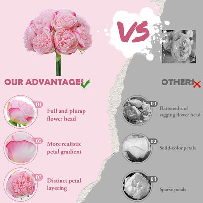 10PCS Pink Realistic Silk Peonies Bouquet, Waterproof & UV Resistant Faux Peony Flowers, All-Weather Artificial Stems for Outdoor, Grave, Wedding Centerpiece & Home Decor