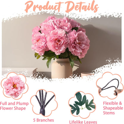 10PCS Pink Realistic Silk Peonies Bouquet, Waterproof & UV Resistant Faux Peony Flowers, All-Weather Artificial Stems for Outdoor, Grave, Wedding Centerpiece & Home Decor