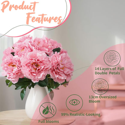 10PCS Pink Realistic Silk Peonies Bouquet, Waterproof & UV Resistant Faux Peony Flowers, All-Weather Artificial Stems for Outdoor, Grave, Wedding Centerpiece & Home Decor