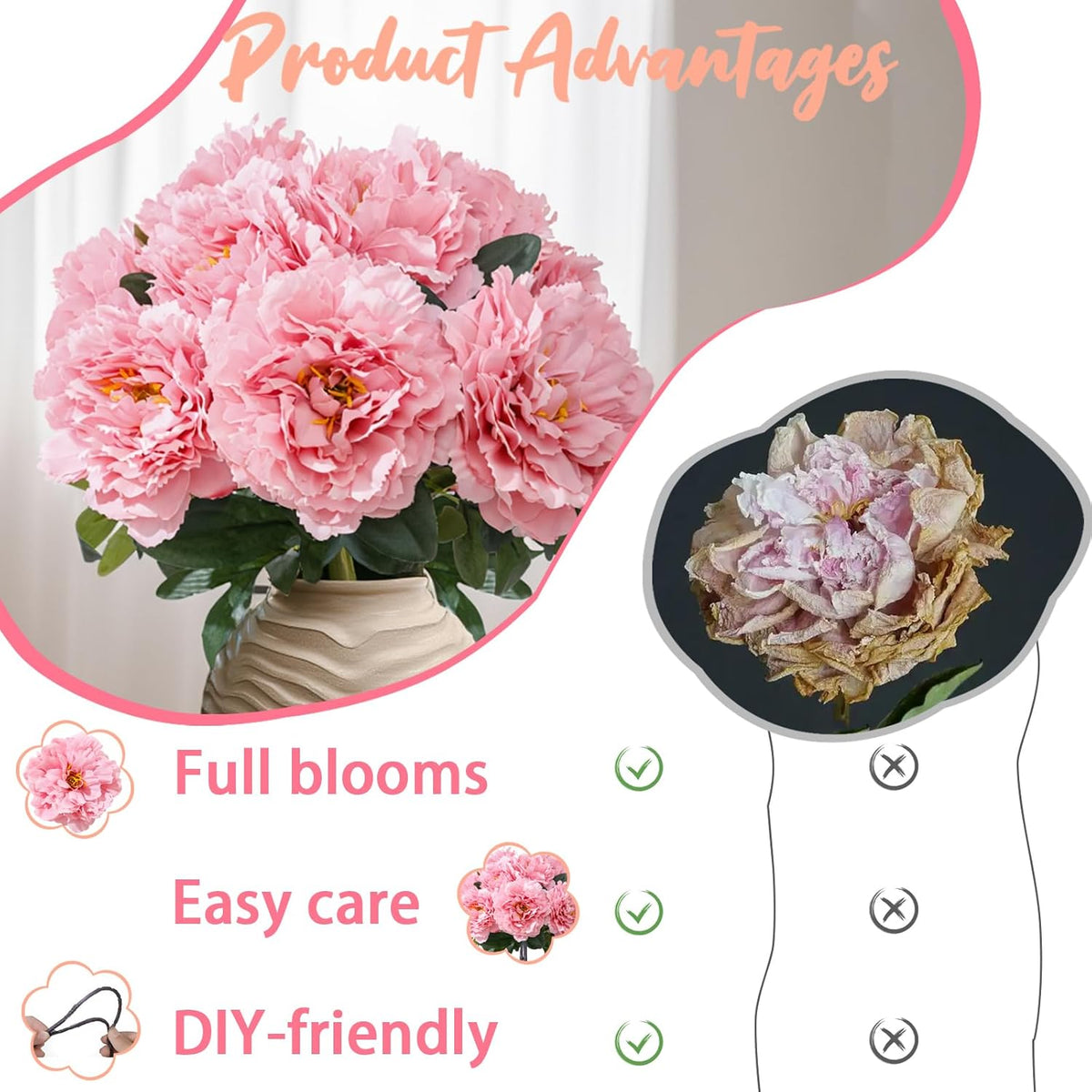 10PCS Pink Realistic Silk Peonies Bouquet, Waterproof & UV Resistant Faux Peony Flowers, All-Weather Artificial Stems for Outdoor, Grave, Wedding Centerpiece & Home Decor