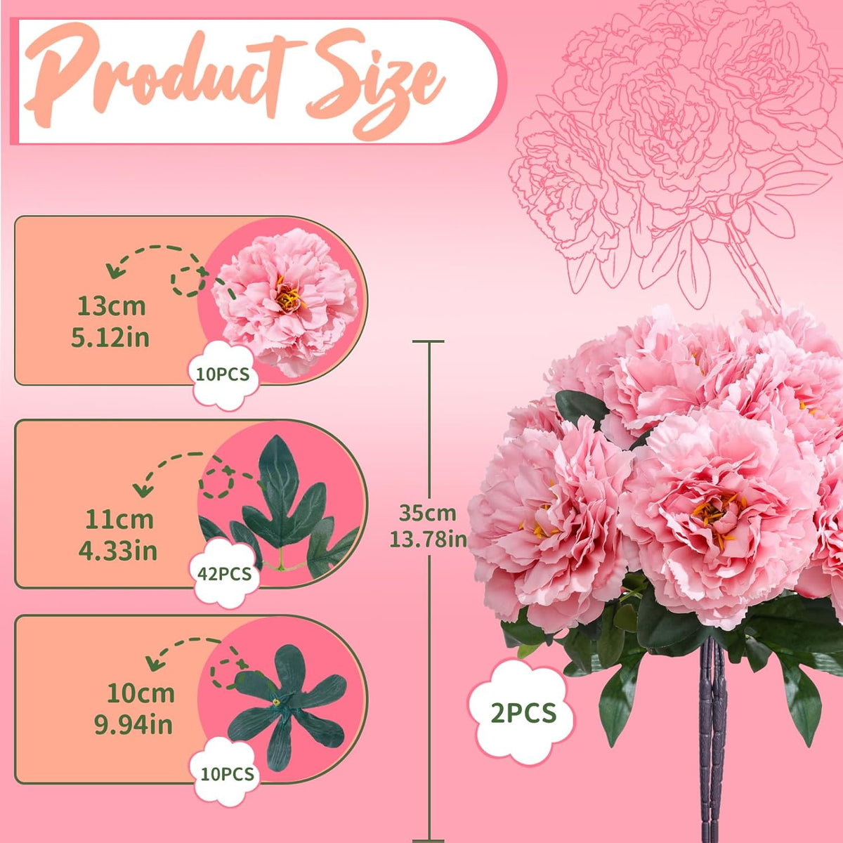 10PCS Pink Realistic Silk Peonies Bouquet, Waterproof & UV Resistant Faux Peony Flowers, All-Weather Artificial Stems for Outdoor, Grave, Wedding Centerpiece & Home Decor