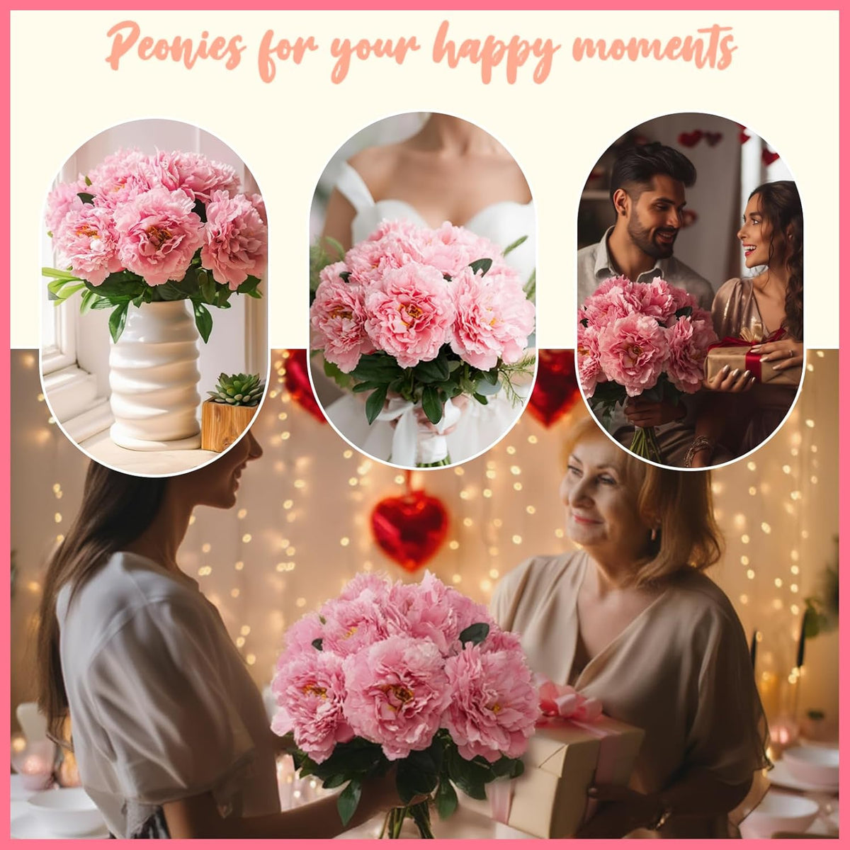 10PCS Pink Realistic Silk Peonies Bouquet, Waterproof & UV Resistant Faux Peony Flowers, All-Weather Artificial Stems for Outdoor, Grave, Wedding Centerpiece & Home Decor
