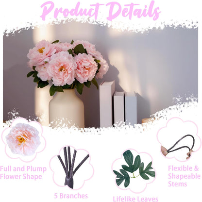 10PCS Pink Realistic Silk Peonies Bouquet, Waterproof & UV Resistant Faux Peony Flowers, All-Weather Artificial Stems for Outdoor, Grave, Wedding Centerpiece & Home Decor