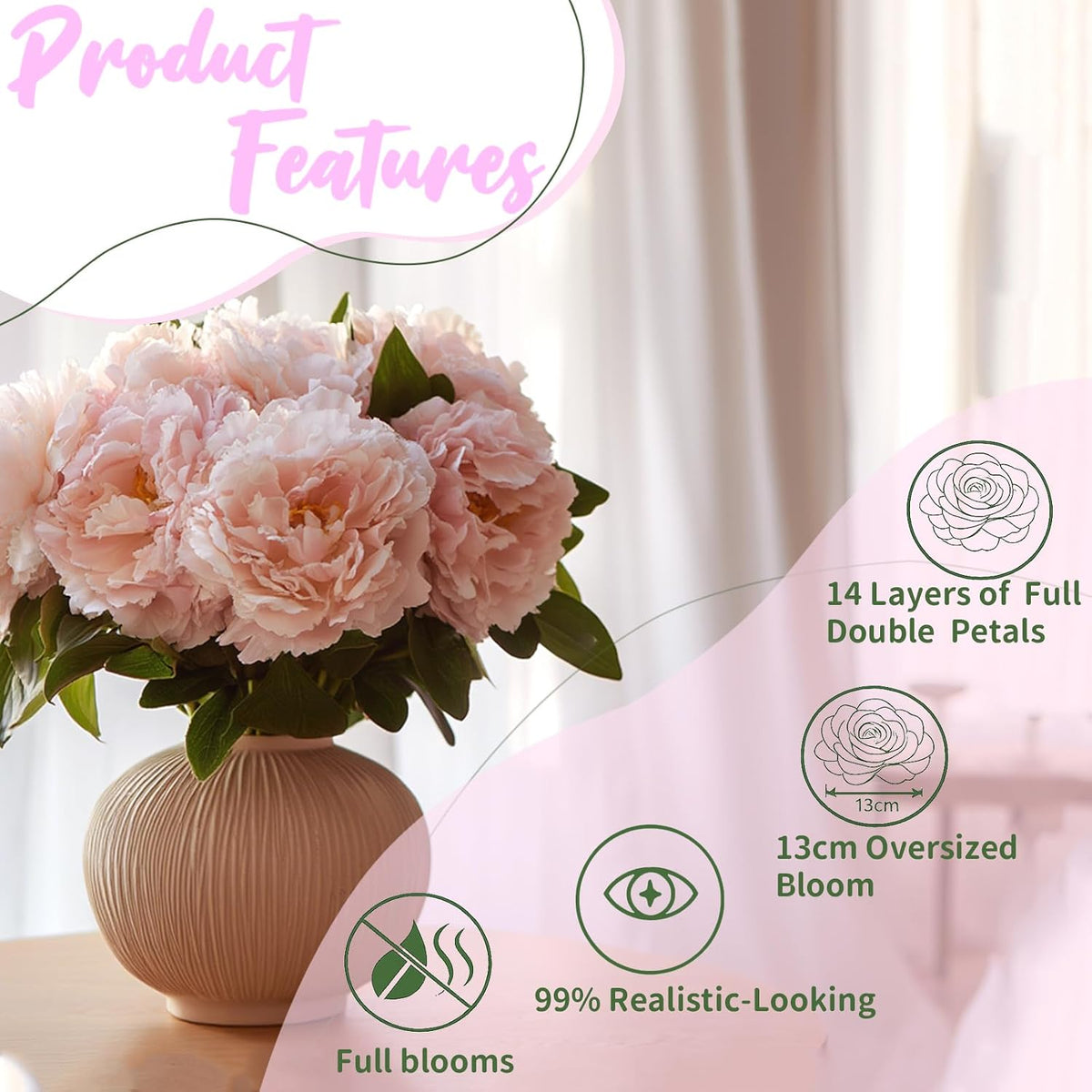 10PCS Pink Realistic Silk Peonies Bouquet, Waterproof & UV Resistant Faux Peony Flowers, All-Weather Artificial Stems for Outdoor, Grave, Wedding Centerpiece & Home Decor