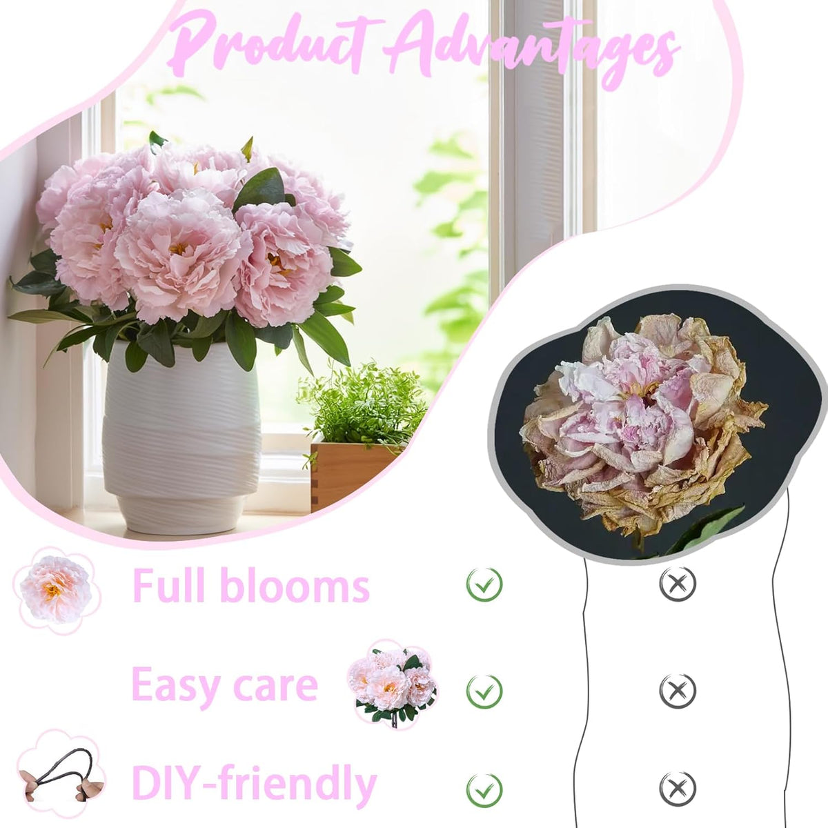 10PCS Pink Realistic Silk Peonies Bouquet, Waterproof & UV Resistant Faux Peony Flowers, All-Weather Artificial Stems for Outdoor, Grave, Wedding Centerpiece & Home Decor