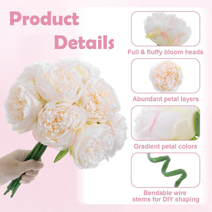 10PCS Pink Realistic Silk Peonies Bouquet, Waterproof & UV Resistant Faux Peony Flowers, All-Weather Artificial Stems for Outdoor, Grave, Wedding Centerpiece & Home Decor