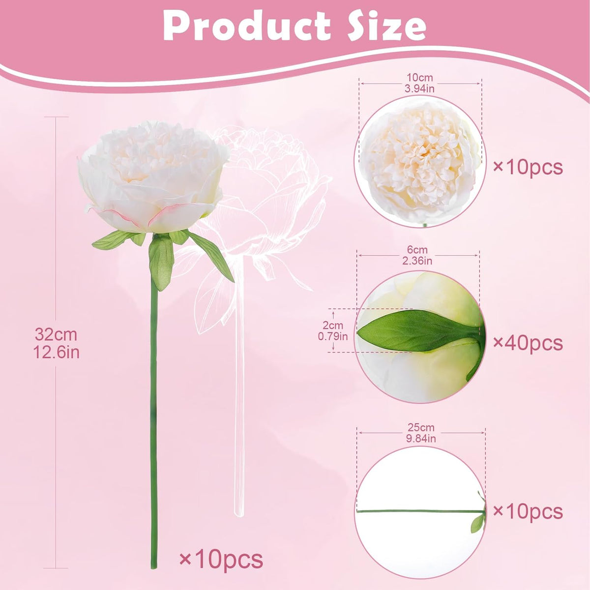 10PCS Pink Realistic Silk Peonies Bouquet, Waterproof & UV Resistant Faux Peony Flowers, All-Weather Artificial Stems for Outdoor, Grave, Wedding Centerpiece & Home Decor