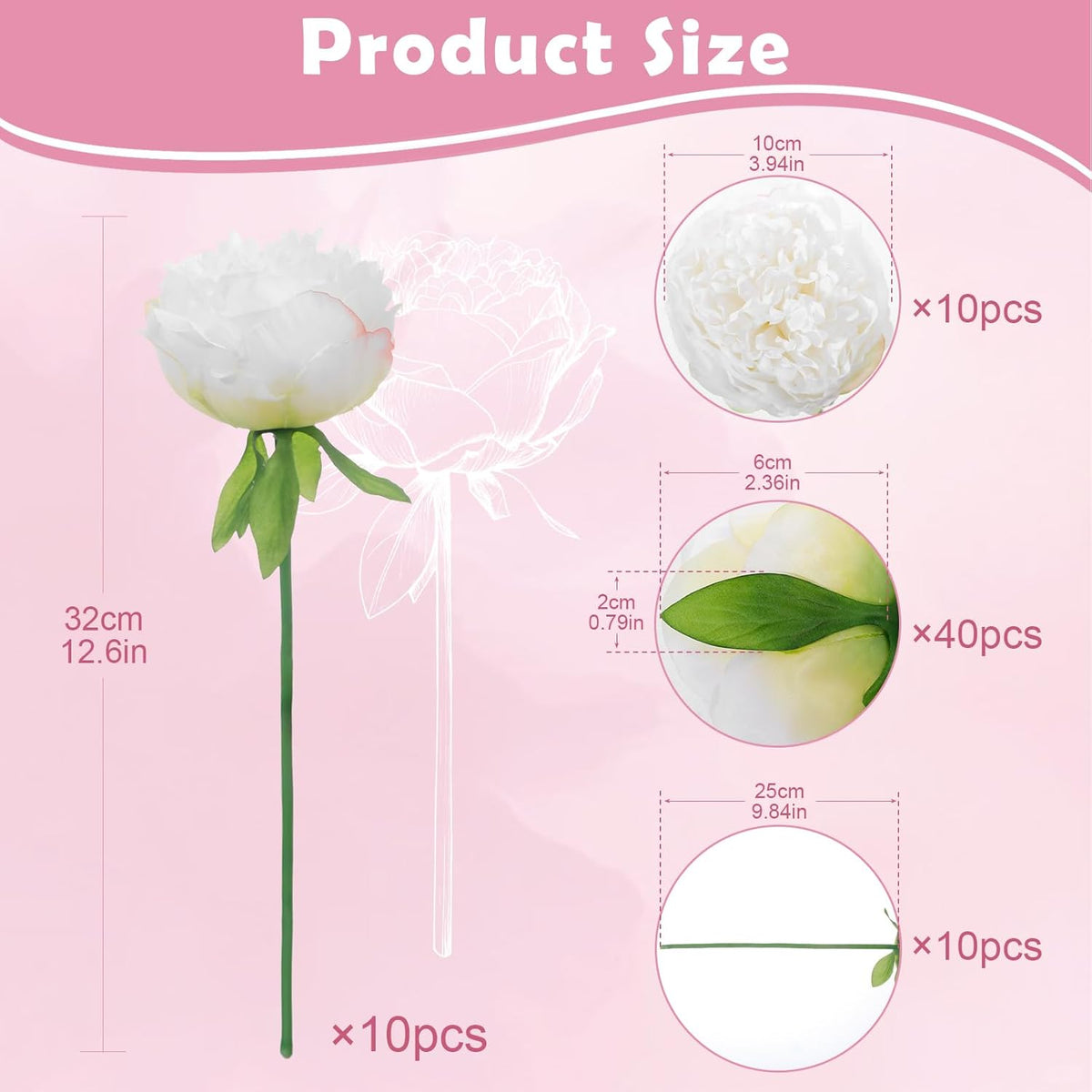 10PCS Pink Realistic Silk Peonies Bouquet, Waterproof & UV Resistant Faux Peony Flowers, All-Weather Artificial Stems for Outdoor, Grave, Wedding Centerpiece & Home Decor