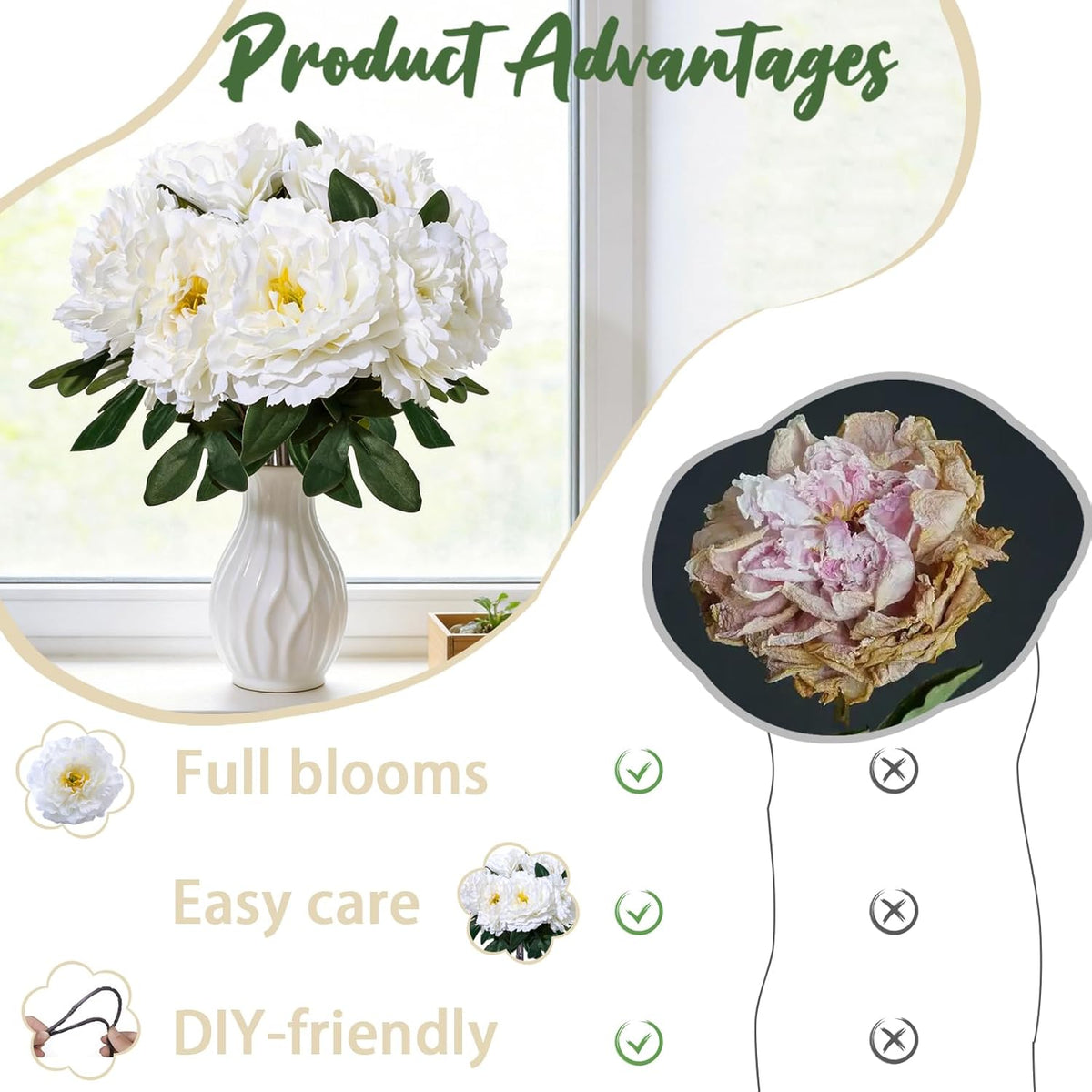 10PCS Pink Realistic Silk Peonies Bouquet, Waterproof & UV Resistant Faux Peony Flowers, All-Weather Artificial Stems for Outdoor, Grave, Wedding Centerpiece & Home Decor