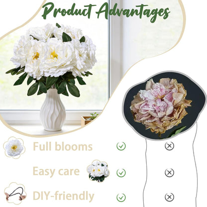 10PCS Pink Realistic Silk Peonies Bouquet, Waterproof & UV Resistant Faux Peony Flowers, All-Weather Artificial Stems for Outdoor, Grave, Wedding Centerpiece & Home Decor